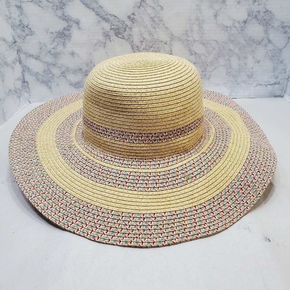 Beach Straw Hat Rainbow Gold Metallic Band 15.5" Floppyโ Sunhat Vacation Boho